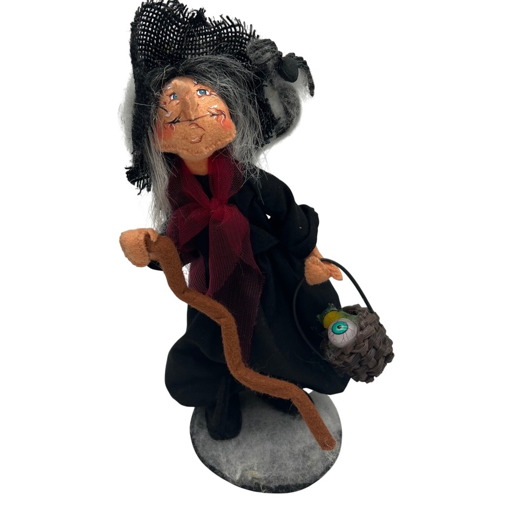 Annalee Halloween Old Hag Witch Doll 10" Striped Leggings Burlap Hat Spider Frog
